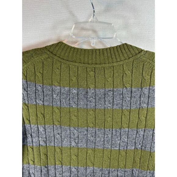 LOFT Green Gray Striped Sweater Women’s L Wool Blend V-Neck Cable Knit Soft Cozy - Picture 11 of 11